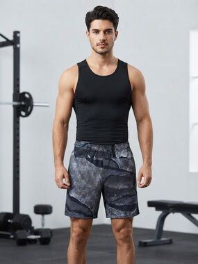 NIKE Blue/charcoal abstract stone/marble block graphic print training shorts S